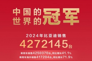 2024年全球车企销量排行榜前十出炉，比亚迪排名第五